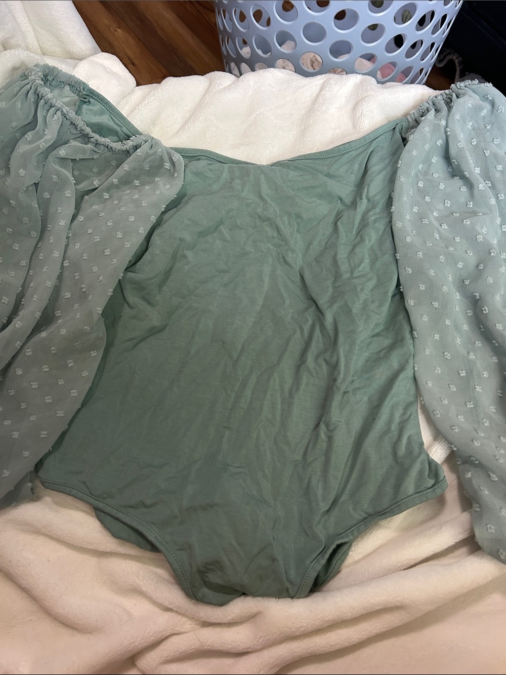 zeagoo Sage Green Off-Shoulder Bodysuit with Sheer Puff Sleeves